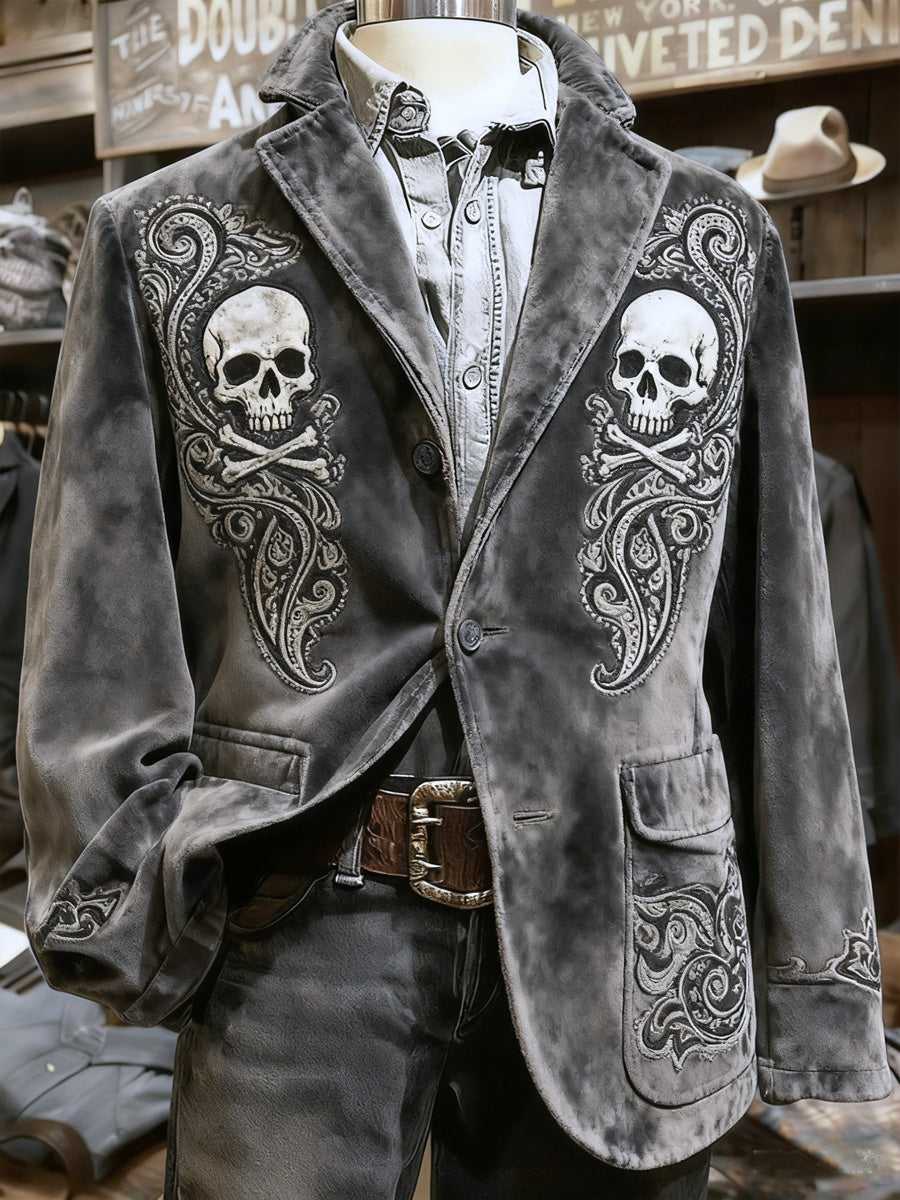 Men's Retro Western Style Skull Art Print Casual Corduroy Pocket Blazers